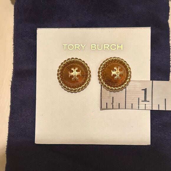Tory Burch Kira Gold Tone Signature Logo Stud Earrings Preppy Medallion NEW - Picture 5 of 5